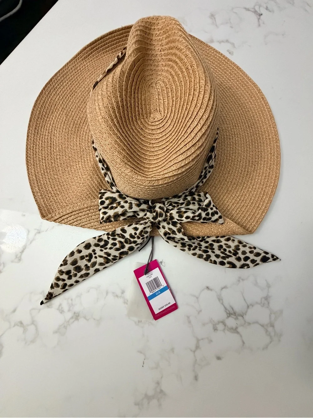 Vince Camuto Tan Straw Sun Hat with Leopard-Print Scarf